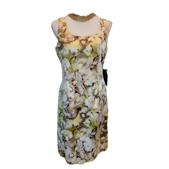 NWT Jones New York Sleeveless Shiny Sheath Watercolor Green Taupe Dress 10 - Picture 1 of 5